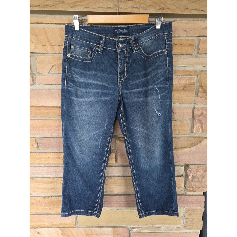 Royal Premium Capris Distressed Womens Size 8 Denim Studs Embroidery Rhinestones